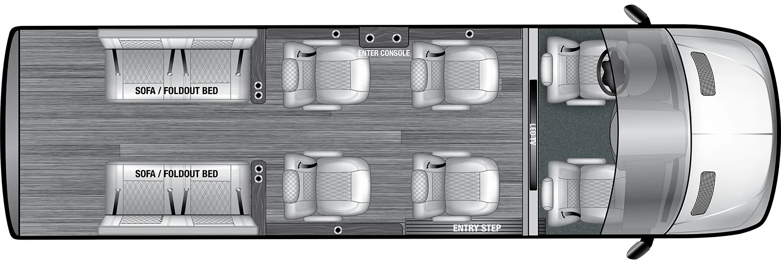 The VSPORT 10OB floorplan has one entry and zero slide outs. Exterior features include: 8' 2" awning. Interiors features include: captain chairs.